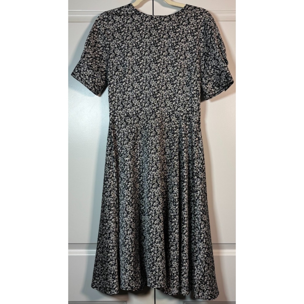 H&M Womens Fit & Flare Midi Dress Black White Floral Boho Short Puff Sleeve S